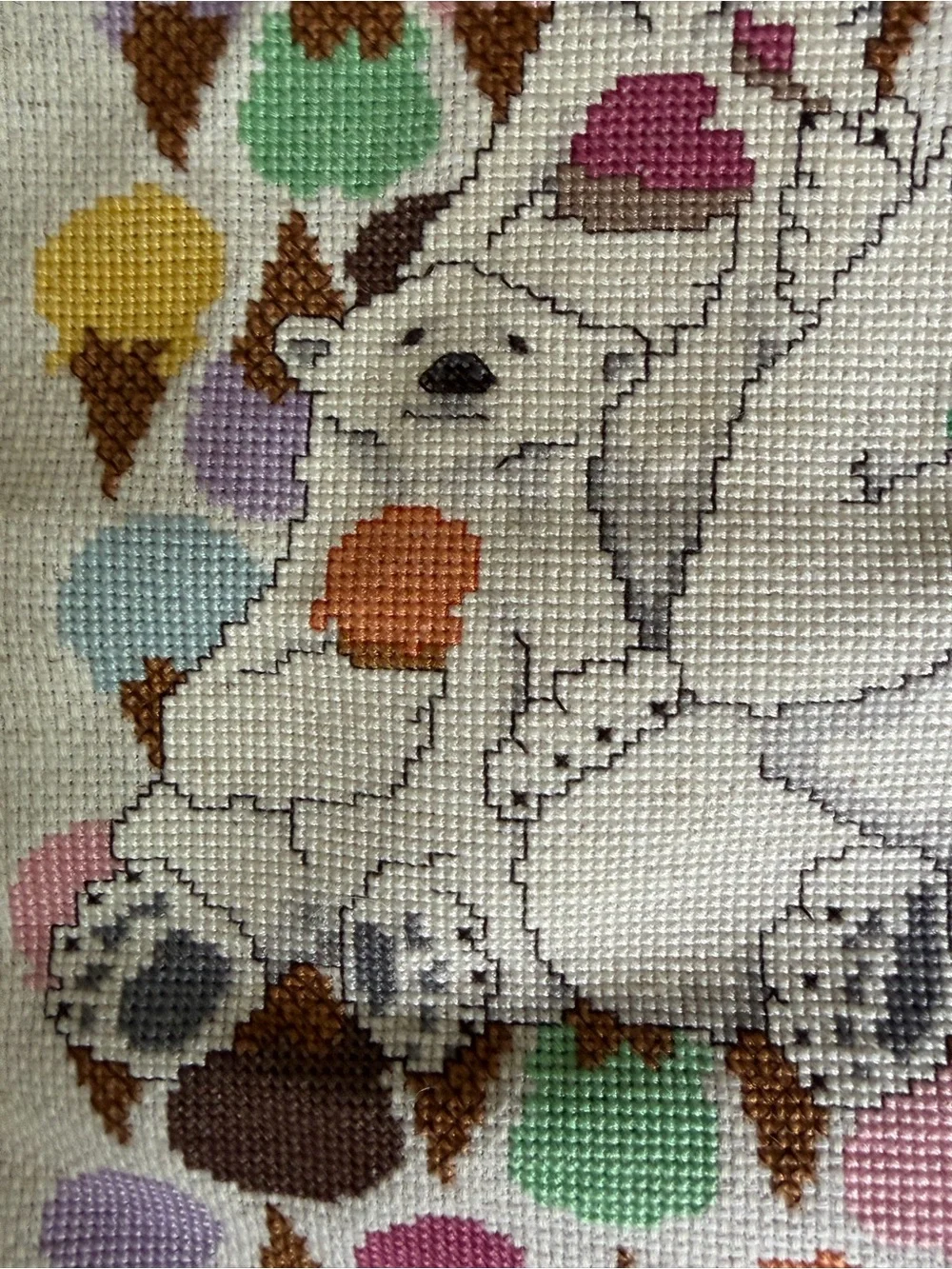 Vintage Cross Stitch Cloth Wall Hanging w. Polar Bears & Ice Cream. Pastels. 90s
